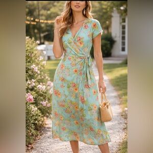 David Warren New York Floral Faux Wrap Dress Turquoise Pink Spring Midi Size 8